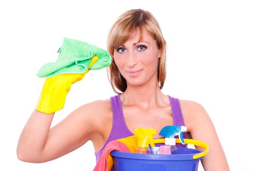 Cleaning supplies and equipment on a countertop
