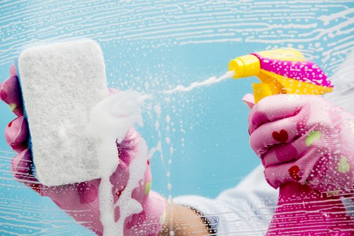 Professional cleaning team working on patio